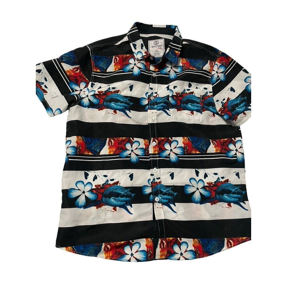Switch Remarkable Fun Hawaiian Shirt w/ Pocket Men's L Graphic Shark Print Blue